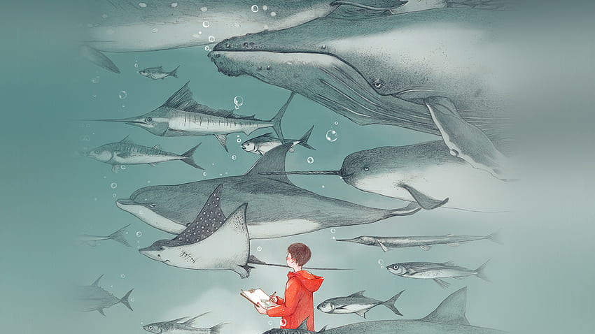 Ryba wodna Pastelowa ilustracja zwierzęca Sztuka Zielona, ​​Pastelowa sztuka laptopa Tapeta HD