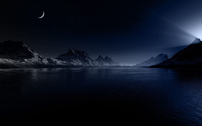 Нощна луна Планини и море. Нощна луна, планини и море HD тапет