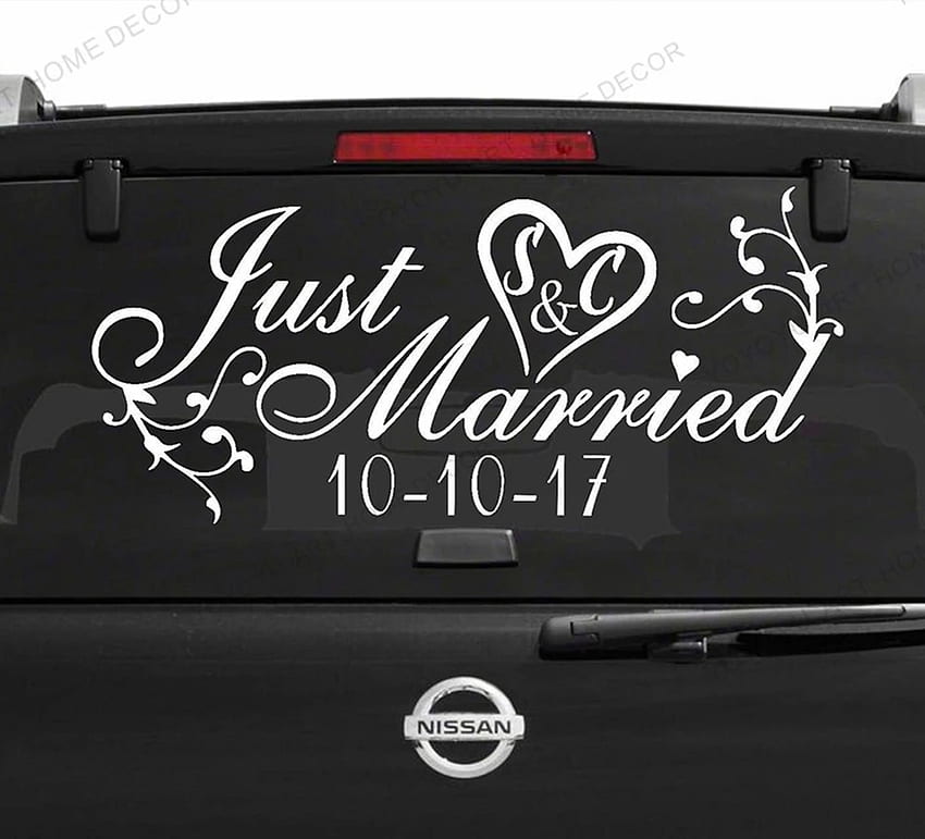 Selbstklebende Wander „Just Married“-Schild, Autofenster-Aufkleber, abnehmbare Hochzeitsdekoration, benutzerdefinierte Vinyl-Aufkleber Q24. Wandaufkleber HD-Hintergrundbild