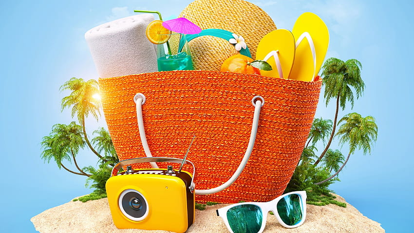 Accesorios de playa, mar, viaje, agua, bolso, isla tropical fondo de pantalla
