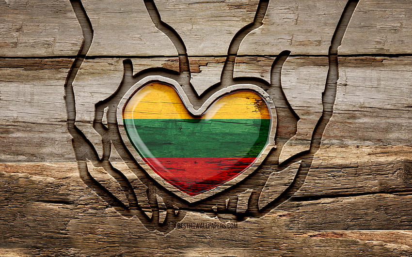 Me encanta Lituania, manos talladas en madera, día de Lituania, bandera de Lituania, creativo, bandera de Lituania, bandera lituana, bandera de Lituania en la mano, cuidar Lituania, talla de madera, Europa, Lituania fondo de pantalla