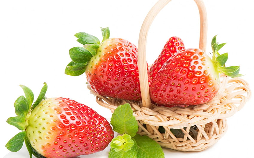 Strawberries, sweet, white, strawberry, dessert, food, basket, mint, green, red, fruit, leaf HD wallpaper