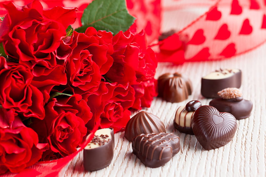 Roses, rose, bouquet, chocolate, red roses, valentines day HD wallpaper