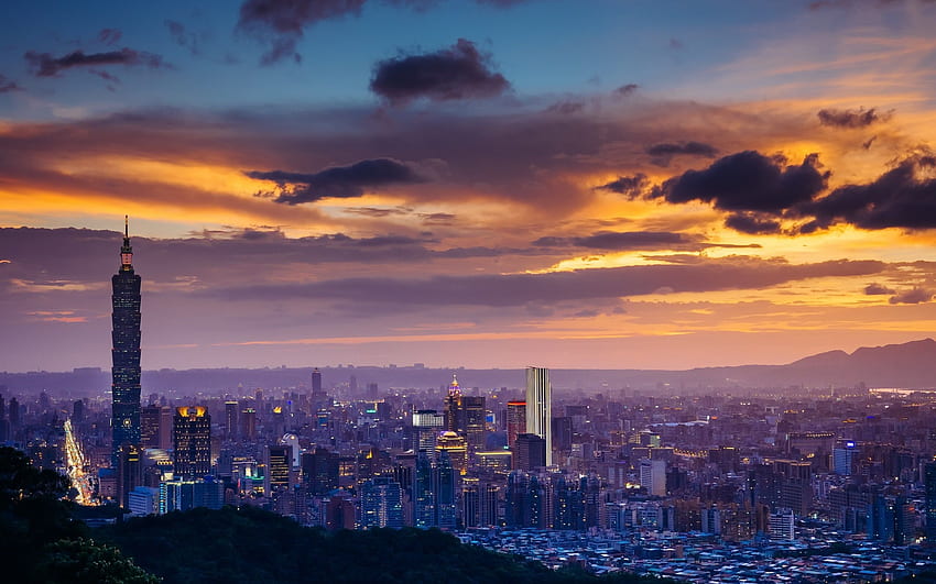 Malam kota, Taipei, gedung pencakar langit, awan, matahari terbenam, Taiwan Wallpaper HD
