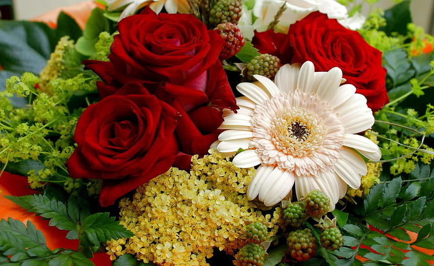 Flowers, Roses, Gerberas, Bouquet, Composition HD wallpaper