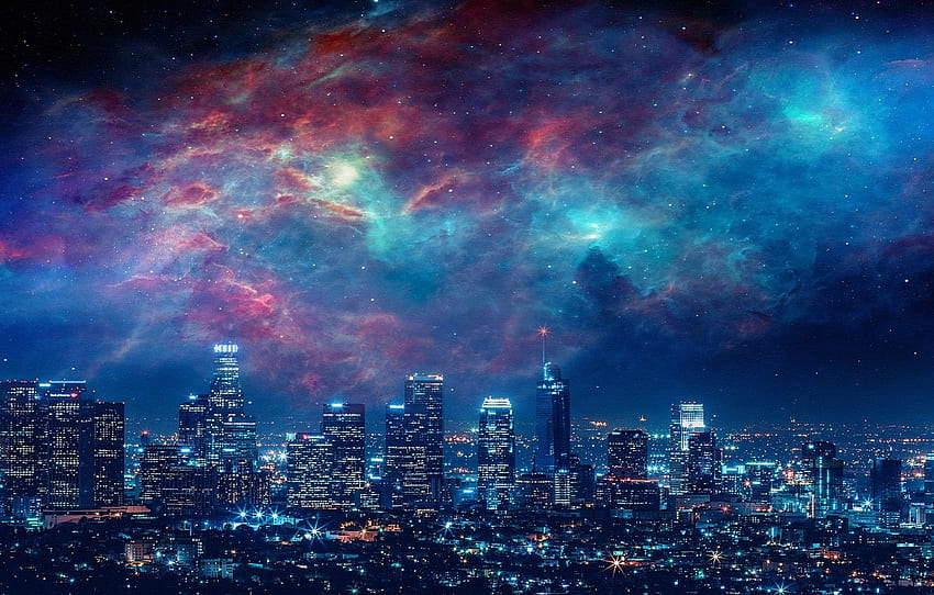 City, Sky, Beautiful, Stars, Space, Art, Galaxies, Landscape, Galaxy, Urban, Night, Los Angeles, , Paint, Dream, Town for , section город HD wallpaper