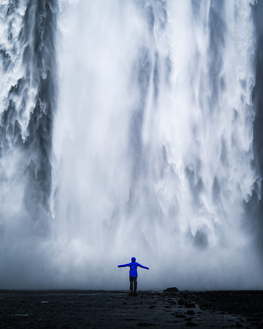 Nature, Water, Silhouette, Waterfall, Precipice, Break, Human, Person HD phone wallpaper