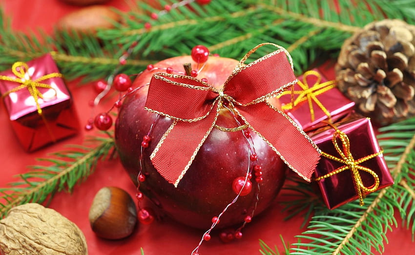 Holidays, Cones, New Year, Apples, Nuts, Needles, Presents, Gifts, Treats HD wallpaper
