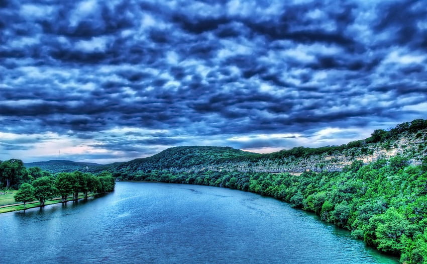 Paysage Blue, río, cepillo, nubes, árboles, cielo, r, agua fondo de pantalla