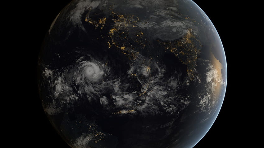 โลก พายุเฮอริเคน กลางคืน อวกาศ เมฆ เอเชีย Earth at Night From Space วอลล์เปเปอร์ HD