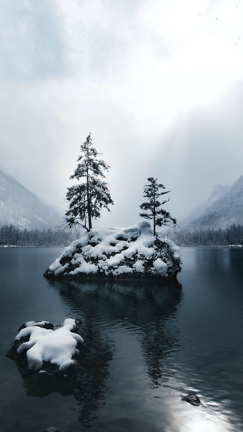 Nieve, invierno, montañas, lago, bosque, árboles, niebla, naturaleza cambiante fondo de pantalla del teléfono