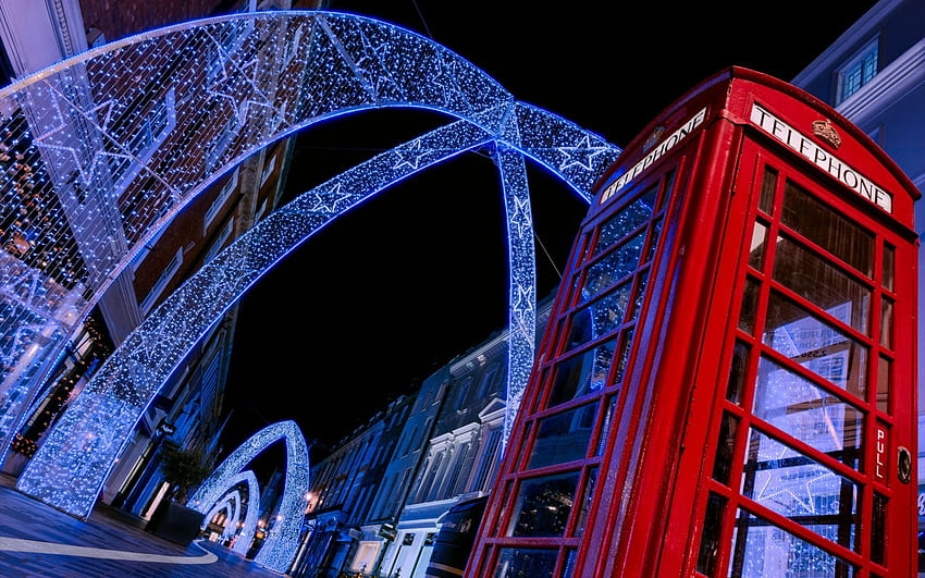 Londyn, czerwona budka telefoniczna, świąteczna neonowa dekoracja, nocny pejzaż miejski, Wielka Brytania z rozdzielczością. Wysoka jakość Tapeta HD