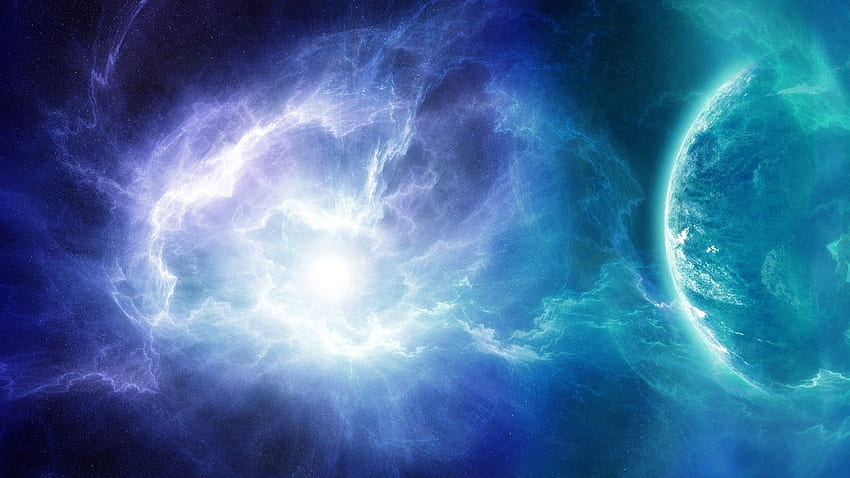 Пълна енергийна буря синя тюркоазена планета, фон HD тапет