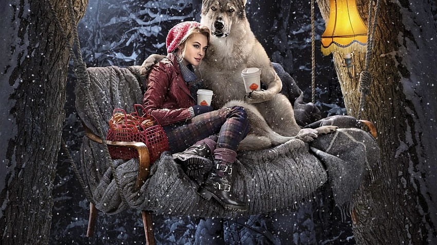 Red Riding Hood, wolf, drink coffee, forest, night, tree Common Tablet HD wallpaper