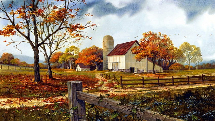 Ферми: Old Barn Fall Autumn Ranch Farm Trees Country Vintage Broken HD тапет