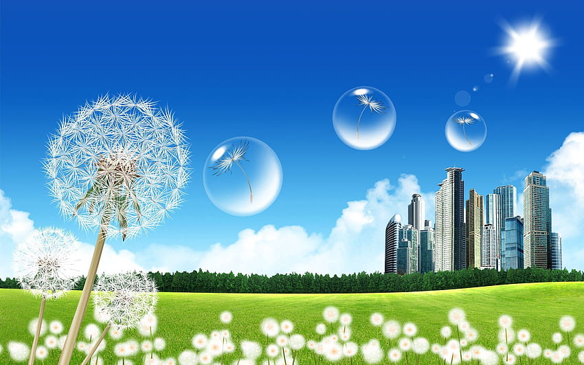 Bubbles, City, Vector, Dandelion, Fly HD wallpaper