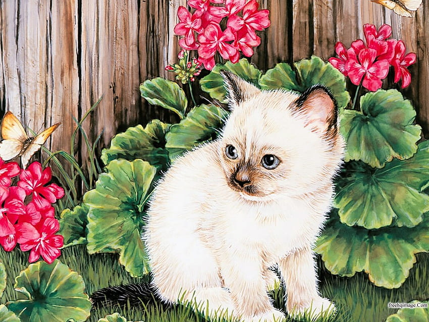 lukisan anak kucing, anak kucing, lukisan, seni, bunga, taman, kucing Wallpaper HD