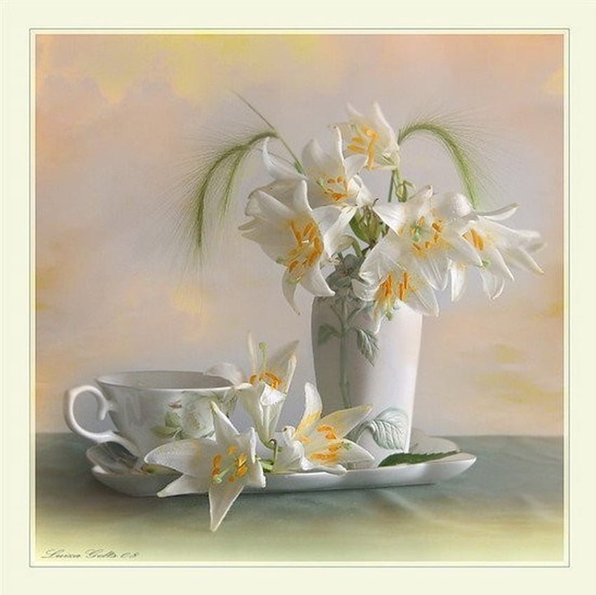 still life, vase, white, cup, lily HD wallpaper