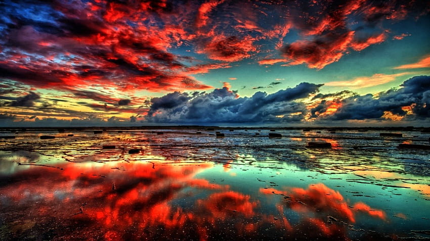 Огнени облаци, естествени, червени, облаци, природа, небе HD тапет