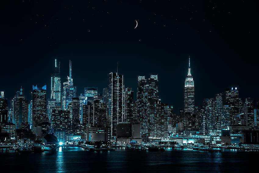 뉴욕시, 도시 풍경, 밤, 도시의 불빛, 반달, , 세계, 마천루의 밤 HD 월페이퍼
