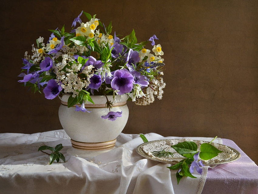 * Still Life *, penuh warna, karangan bunga, vas, segar, cantik, ungu, masih hidup, cantik, hijau, kuning, bunga, harmoni Wallpaper HD