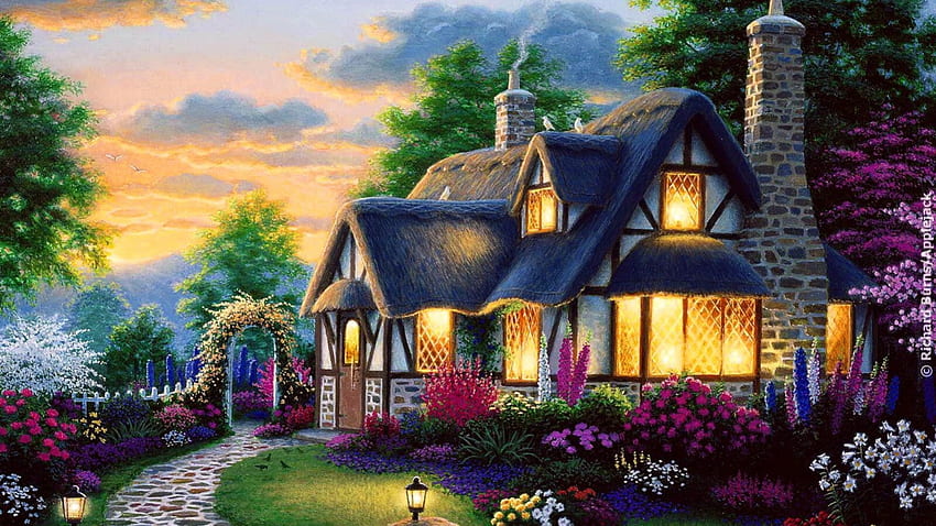 田舎の家, コテージ, ライト, 煙突, 庭 高画質の壁紙