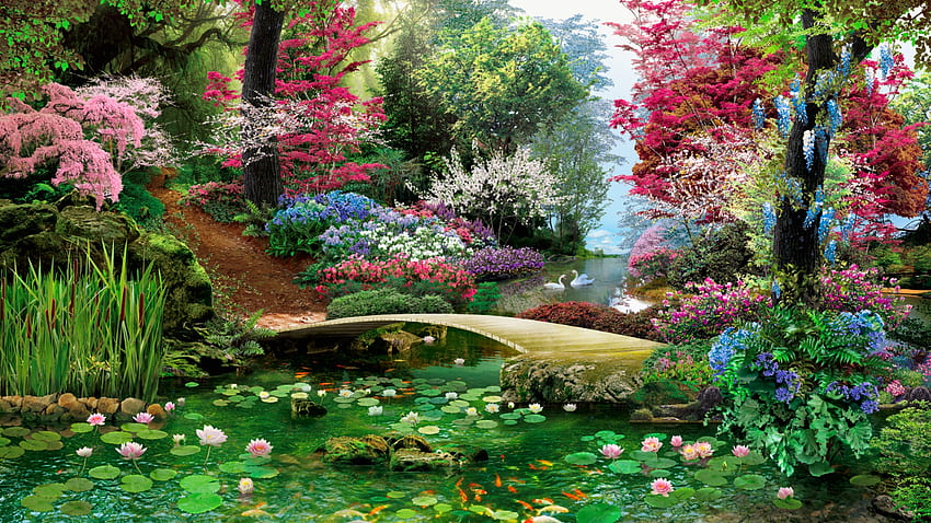 Пролетен рай, рай, красива, пролет, езеро, парк, лебеди, красиви, цветове, свежест, цъфтящи, мост, лилии, гора, езерце HD тапет