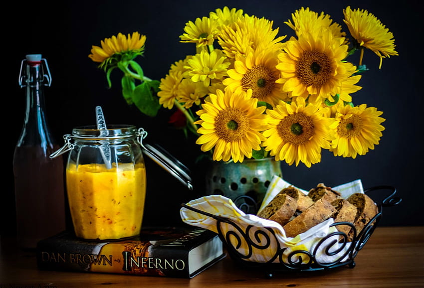 Still life, literature, bouquet, juice, morning, cake, sunflowers, coffee, tea time, afternoon, beautiful, book, pretty, yellow, flowers, lovely, harmony HD wallpaper