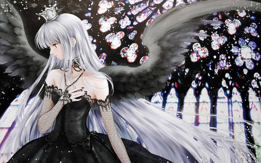 Black lights long hair Gothic red eyes necklaces crowns gothic dress angel  wings anime girls silver hair black nail polish looking away HD wallpaper |  Pxfuel