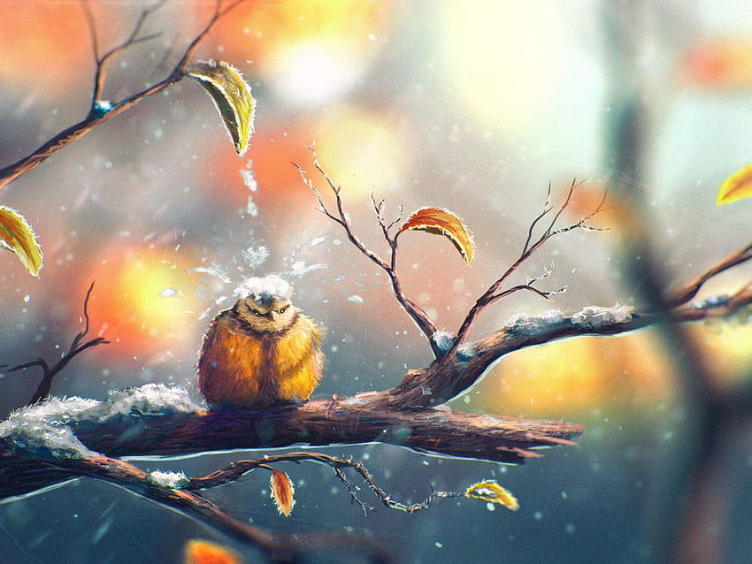 drawing nature animals winter snow sylar birds leaves fall titmouse HD wallpaper