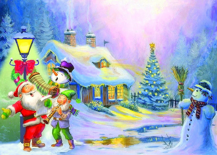 ★クリスマスの家★、お祝い、音楽の演奏、冬休み、伝統芸術、お祭り、歌、雪、絵、白い木、クリスマスの家、ランプ、人々が着る奇妙なもの、絵画、サンタクロース、挨拶、季節、創造的なプレ 作った、雪だるま、四季が好き、クリスマス、正月、コテージ、家 高画質の壁紙
