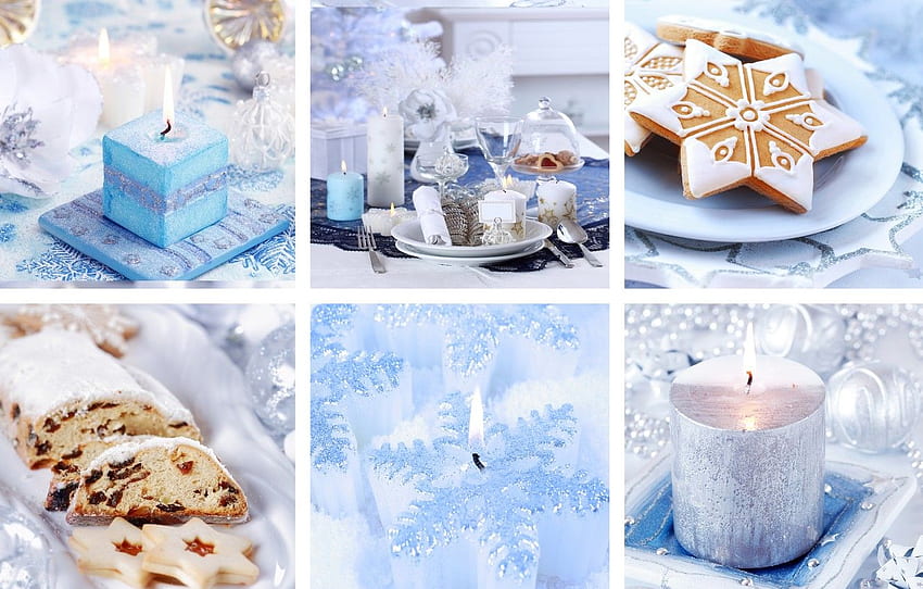 holiday, blue, collage, new year, candles, cookies HD wallpaper