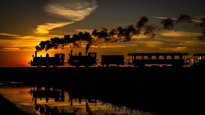 Silueta, locomotoras, tren, vapor, puesta de sol, colores. fondo de pantalla