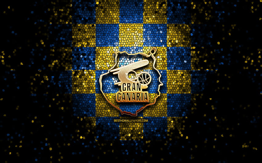 CB Gran Canaria, logo gemerlap, ACB, latar belakang kotak-kotak biru kuning, tim bola basket Spanyol, logo CB Gran Canaria, seni mosaik, bola basket, Gran Canaria Wallpaper HD