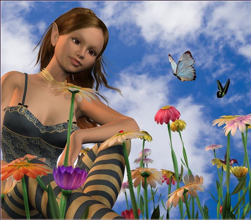 Elfo fata, farfalle, astratto, fantasia, fiori Sfondo HD