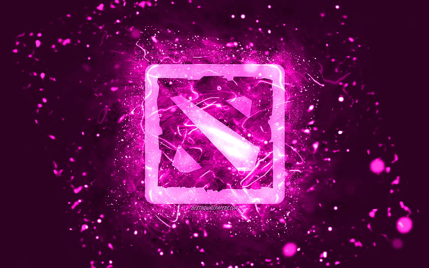 Logo ungu Dota 2,, lampu neon ungu, kreatif, latar belakang abstrak ungu, logo Dota 2, game online, Dota 2 Wallpaper HD