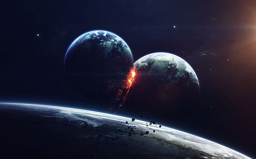 colisión de planetas, explosión, galaxia, Planeta Catástrofe fondo de pantalla
