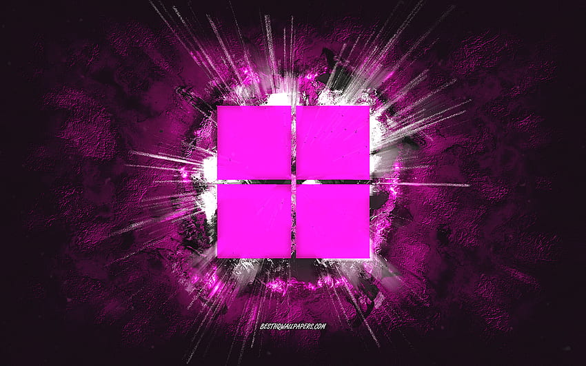 Windows 11 logo, grunge art, Windows, purpurowe kamienne tło, Windows 11 purpurowe logo, Windows 11, sztuka kreatywna, Windows 11 grunge logo, Windows logo Tapeta HD