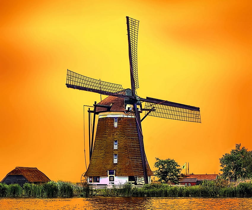 Windmill, nature, country, sunset HD wallpaper