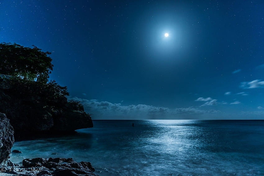 landscape, Nature, Caribbean, Sea, Starry Night, Moon, Moonlight, Island, Beach, Blue / and Mobile Background HD wallpaper
