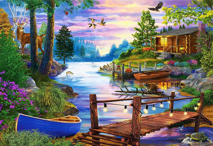 Passerelle, rivière, aigle, raton laveur, cabine, œuvres d'art, tortue, canards, peinture, bateaux, cerf, arbres, nature Fond d'écran HD