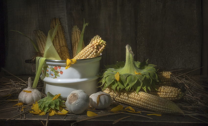 Still life, Board, Pan, Petals, Corn, Garlic HD wallpaper