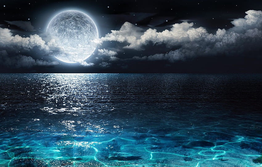 deniz, gece, ay için , bölüm рендеринг - HD duvar kağıdı