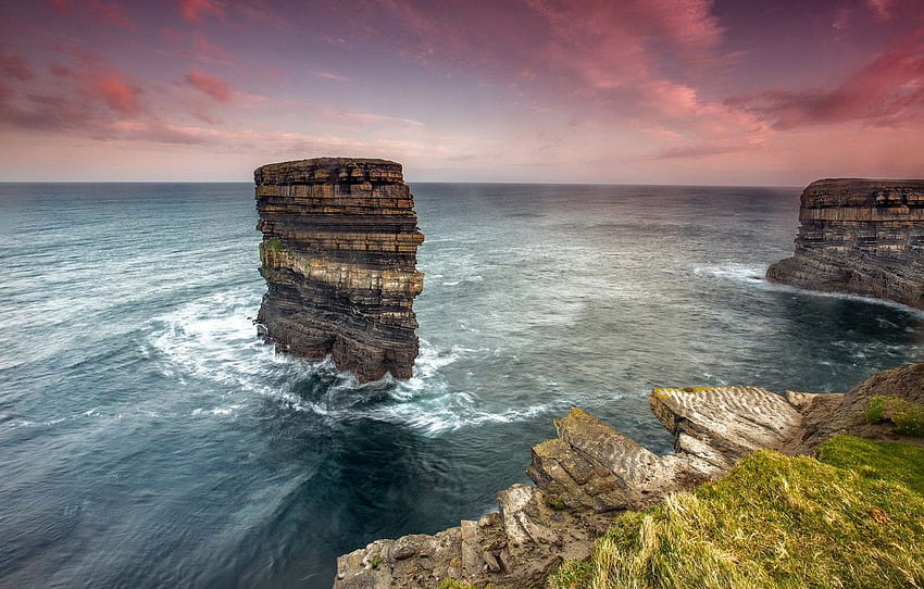 deniz, kayalar, kıyı, İrlanda, Co Mayo, Dun Briste Seastack for , bölüm пейзажи, İrlanda grafiği HD duvar kağıdı