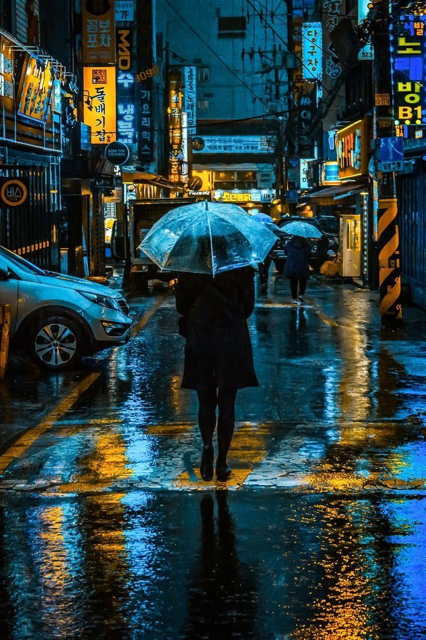 Regentag in Japan. Cyberpunk-Stadt, Südkorea-Grafik, Regen HD-Handy-Hintergrundbild