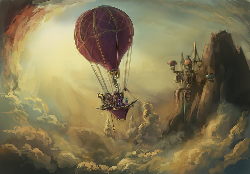 New Horizons, ship, art, clouds, sky, balloon, mountain HD wallpaper