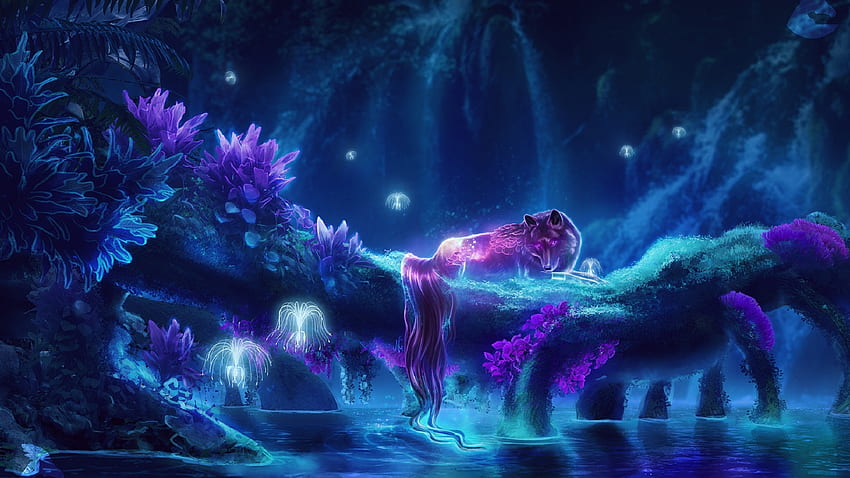 Fantasy Night in Forest, azul, digital, duendes, arte, lobo papel de parede HD