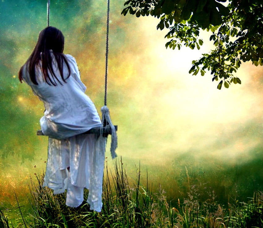 Girl On A Swing, luz do sol, prado, balanço, menina, árvore papel de parede HD