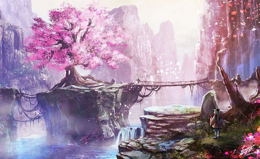 Anime Landscape Cherry Blossom Bridge Waterfall Anime Girl Nature ., Pink Waterfall HD wallpaper