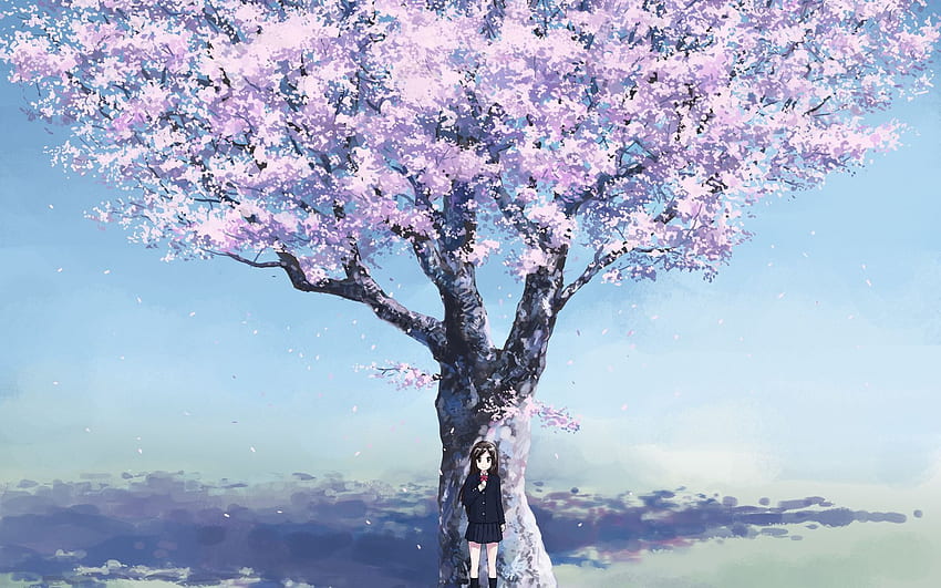 ฤดูใบไม้ผลิ ซากุระ ดอกไม้ ต้นไม้ อะนิเมะ สาว เด็กนักเรียน อนิเมะ, อนิเมะ Cherry Blossom Tree วอลล์เปเปอร์ HD